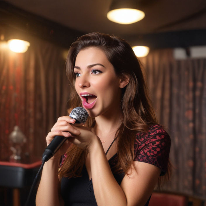 A woman confidently holding a microphone, belting out a tune in a lively karaoke room.